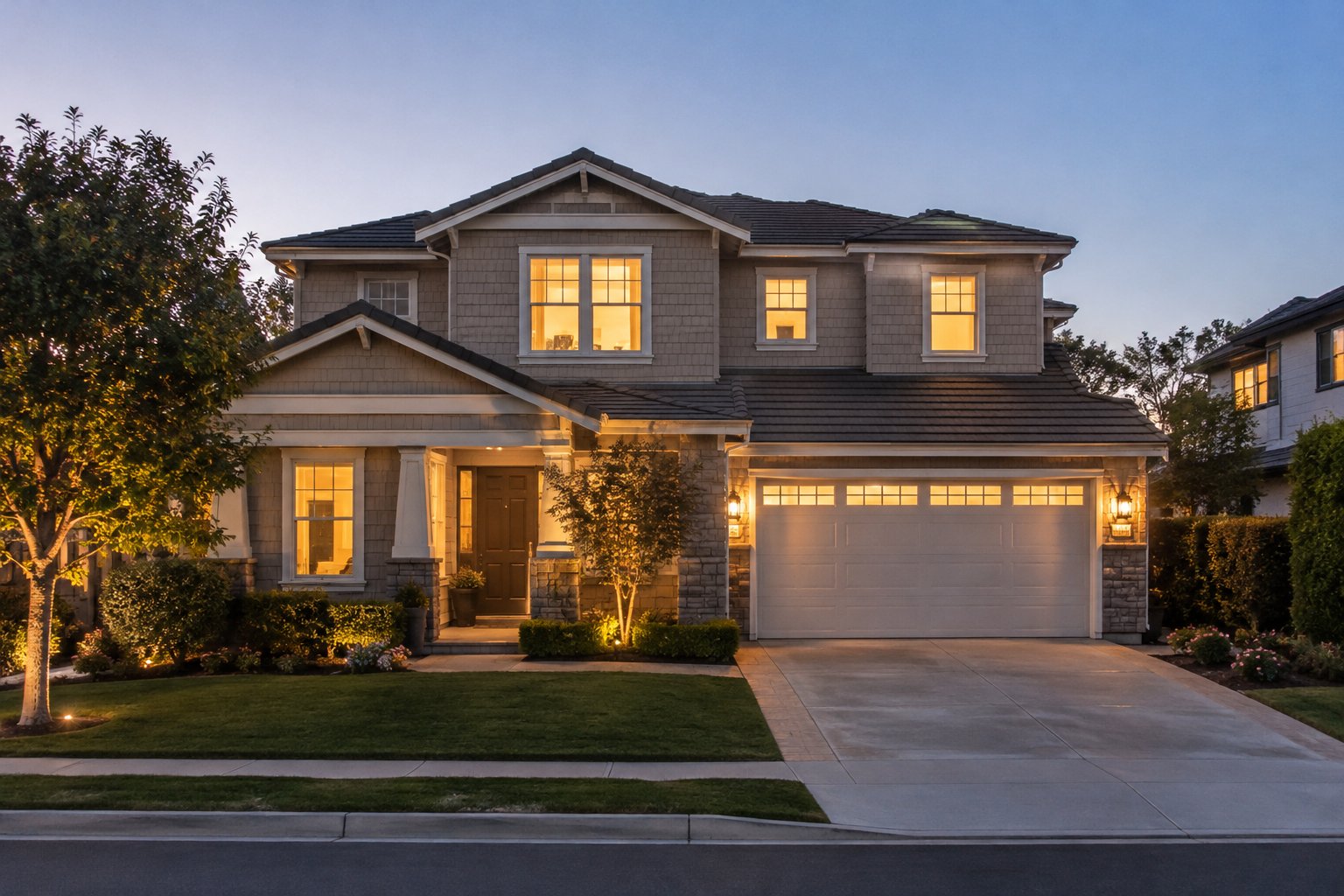 A two story home at dusk, illustrative